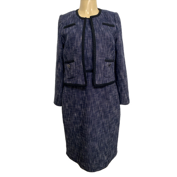 HOBBS Natalie Dress Sleeveless Tweed Navy Blue Jacket Blazer Set Suit Sheath M - Picture 1 of 12